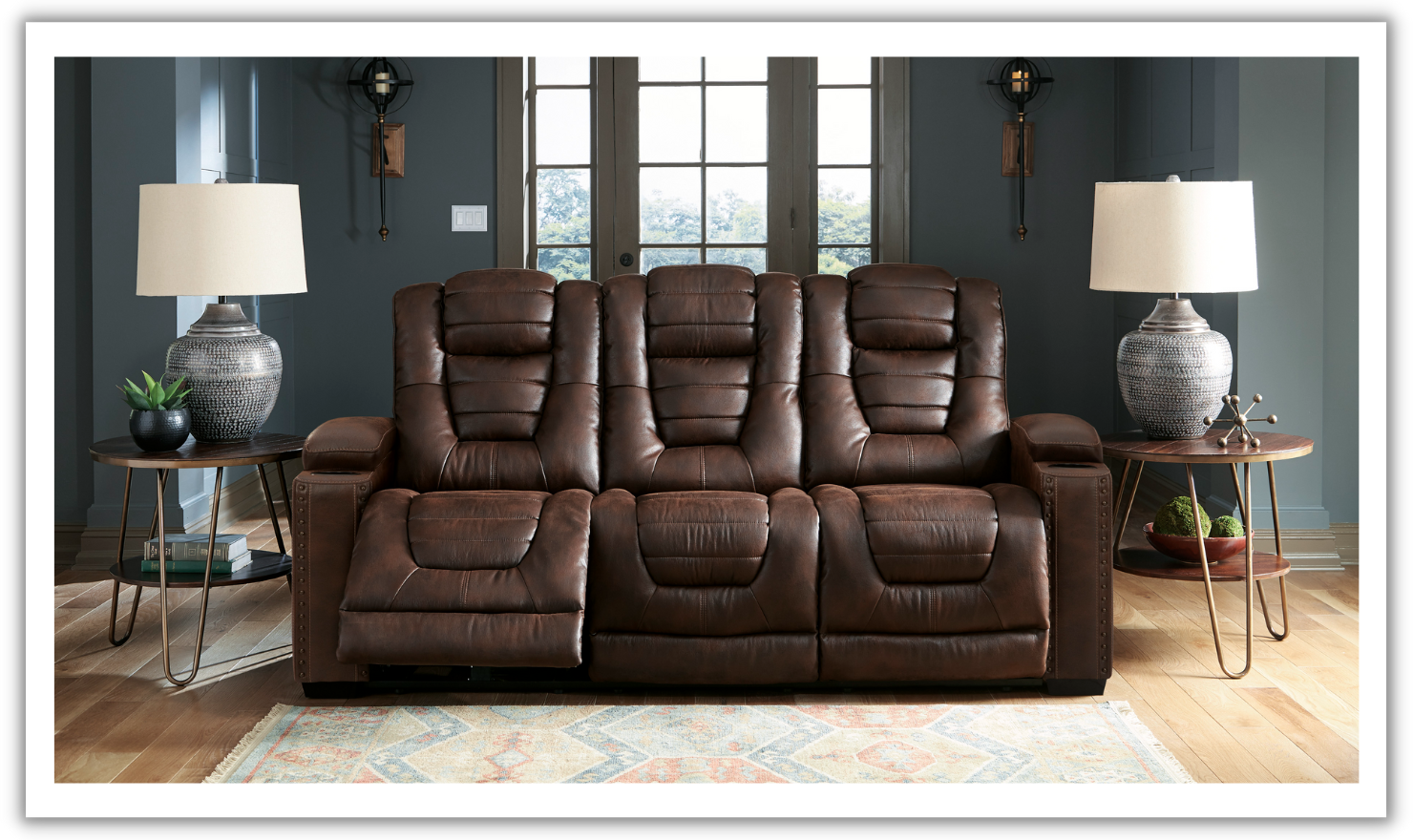Modern Heritage Owner's Box 3-Seater Dual-Sided Power Reclining Sofa in Brown