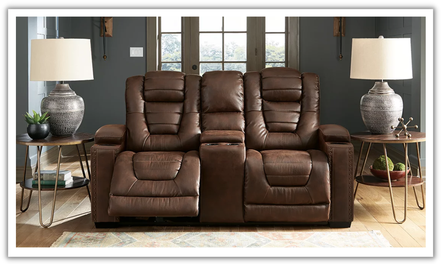 Modern Heritage Owner's Box 2-Seater Leather Recliner Loveseat in Brown