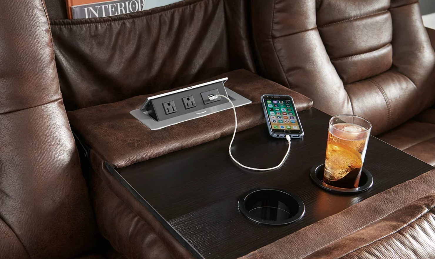 Modern Heritage Owner's Box 3-Seater Dual-Sided Power Reclining Sofa in Brown - Image 7