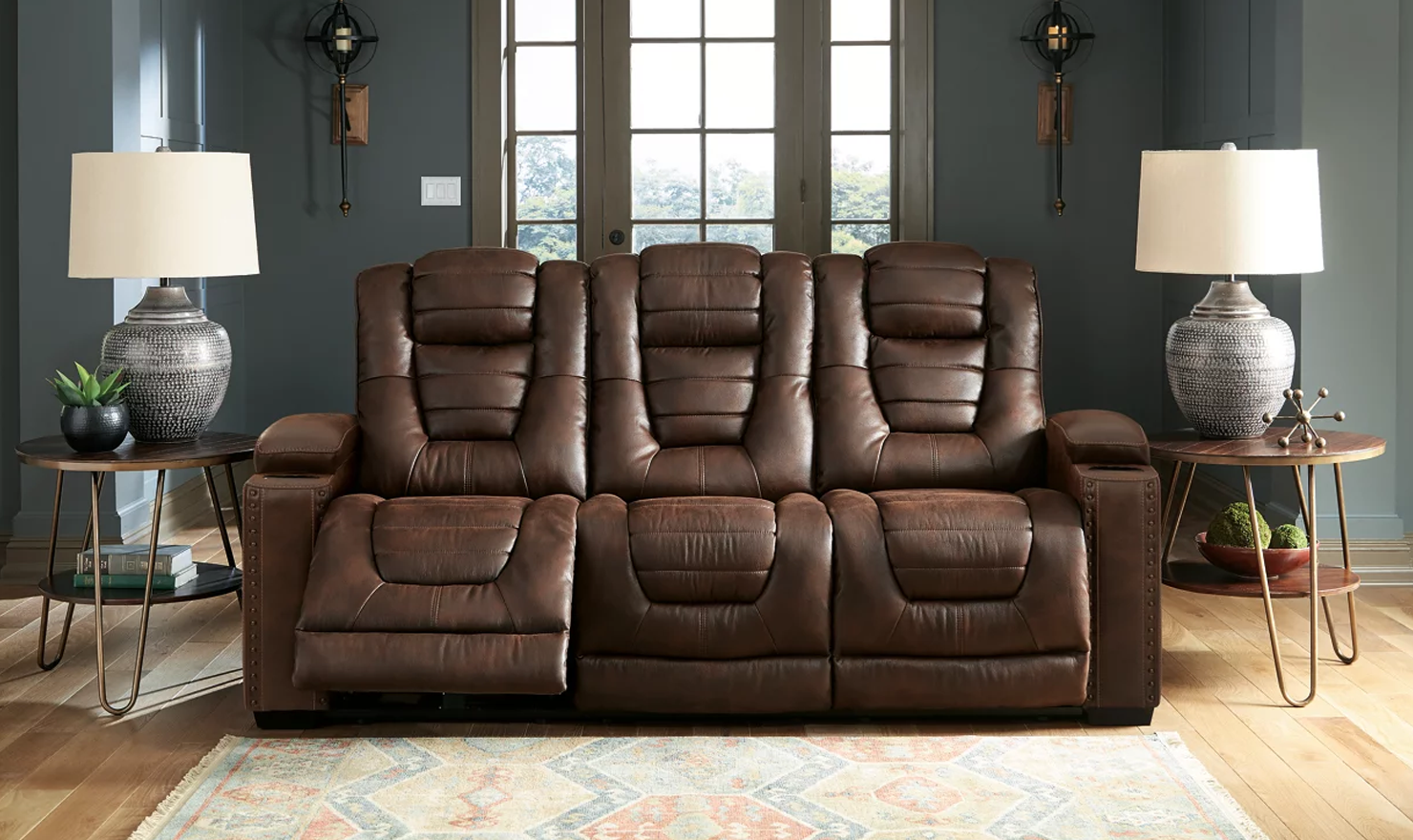Modern Heritage Owner's Box 3-Seater Dual-Sided Power Reclining Sofa in Brown - Image 2
