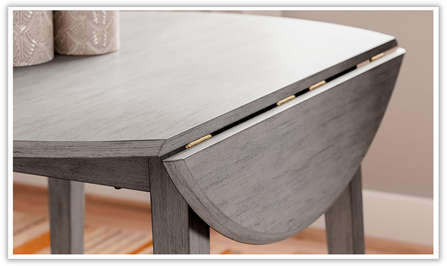 Shullden Round Drop Leaf Wooden Dining Table in Gray - Image 5