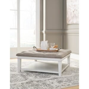Kanwyn Ottoman White Wash Cocktail Table with Tufted Brown Leather Cushion Top